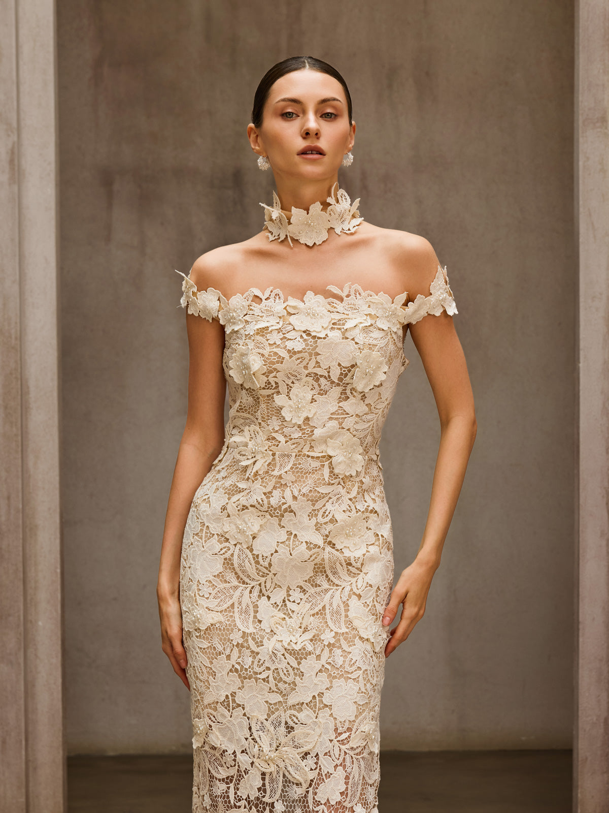 Dorona Flower Embroidered Maxi Dress In Beige
