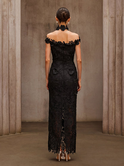 Dorona Flower Embroidered Maxi Dress In Black