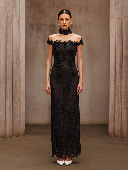 Dorona Flower Embroidered Maxi Dress In Black