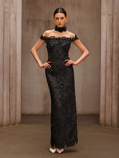 Dorona Flower Embroidered Maxi Dress In Black