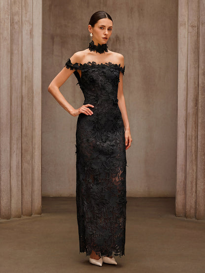 Dorona Flower Embroidered Maxi Dress In Black