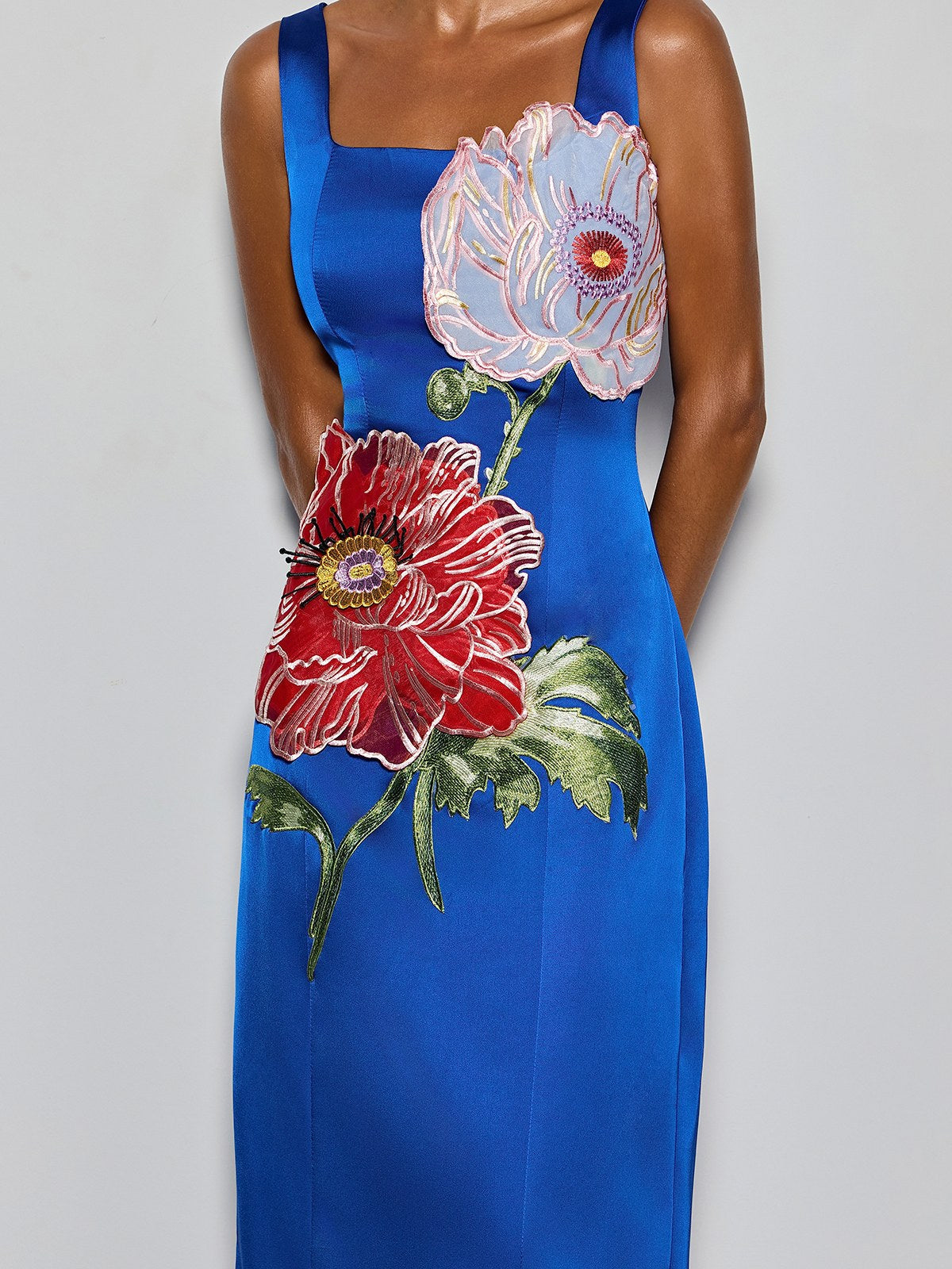 Doryqor Embroidered Flower Maxi Dress In Blue
