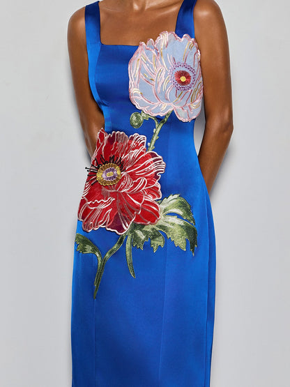 Doryqor Embroidered Flower Maxi Dress In Blue
