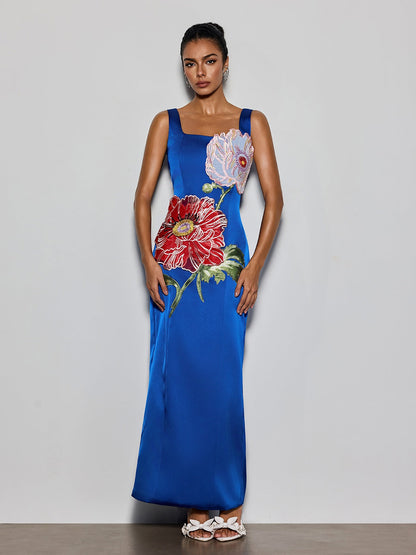 Doryqor Embroidered Flower Maxi Dress In Blue