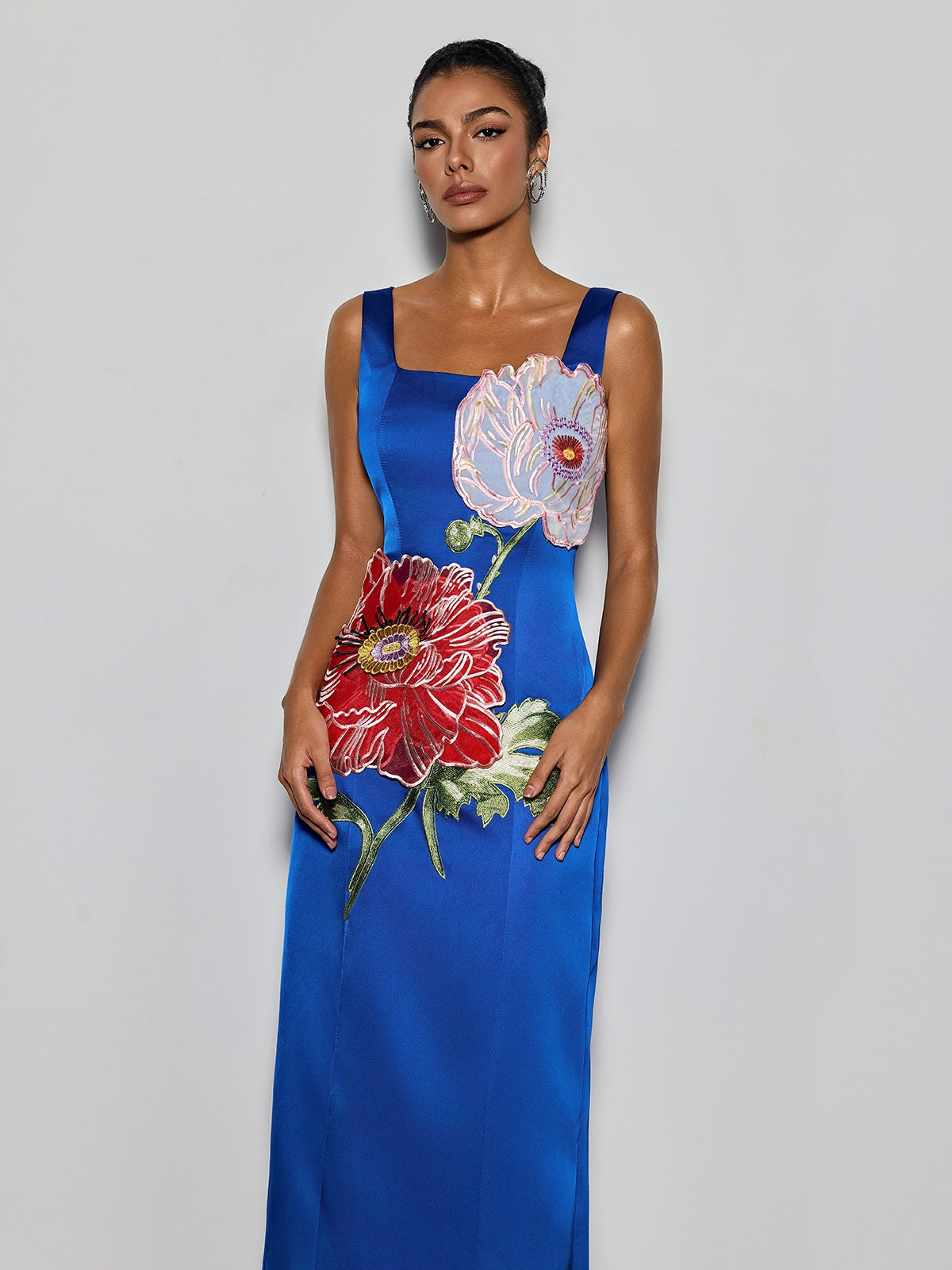 Doryqor Embroidered Flower Maxi Dress In Blue