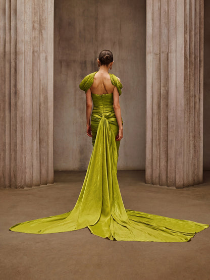 Drexen Off Shoulder Draped Maxi Dress In Chartreuse