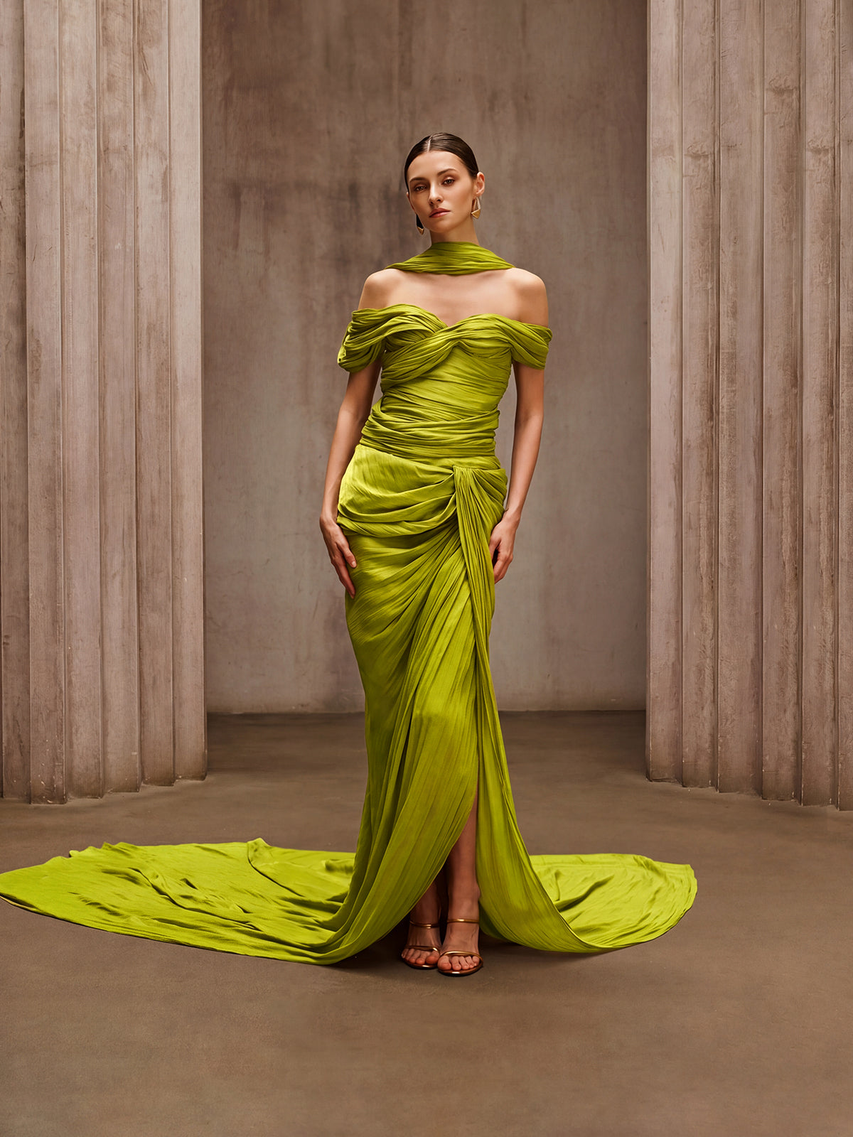 Drexen Off Shoulder Draped Maxi Dress In Chartreuse