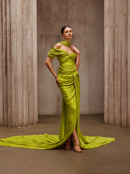 Drexen Off Shoulder Draped Maxi Dress In Chartreuse