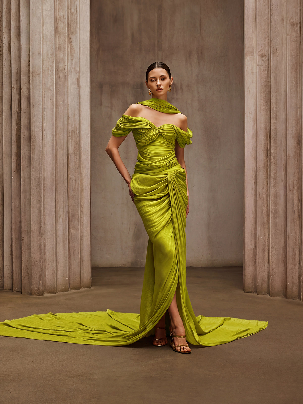 Drexen Off Shoulder Draped Maxi Dress In Chartreuse
