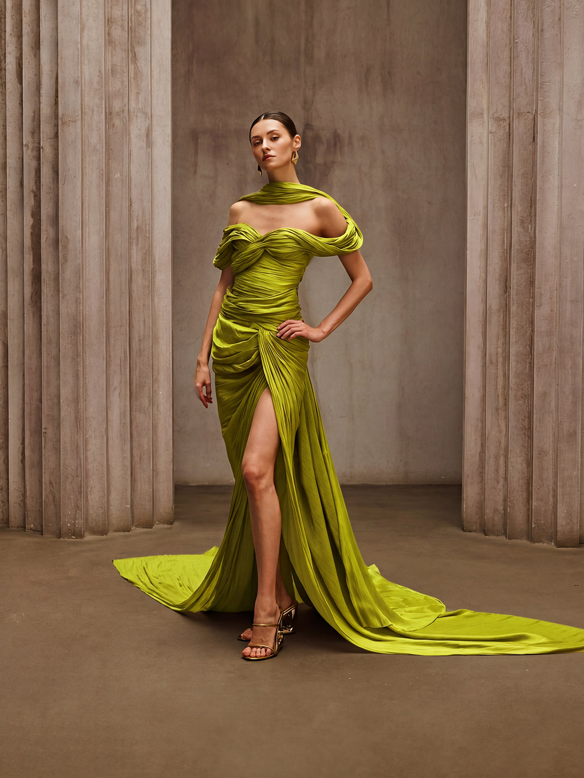 Drexen Off Shoulder Draped Maxi Dress In Chartreuse