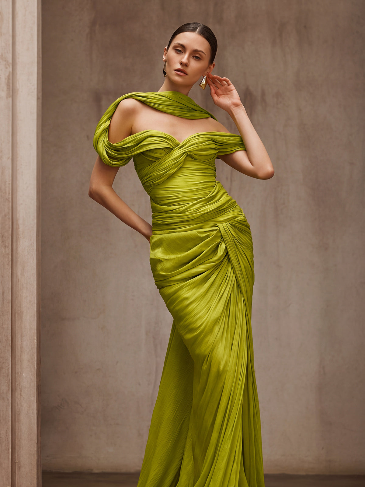 Drexen Off Shoulder Draped Maxi Dress In Chartreuse