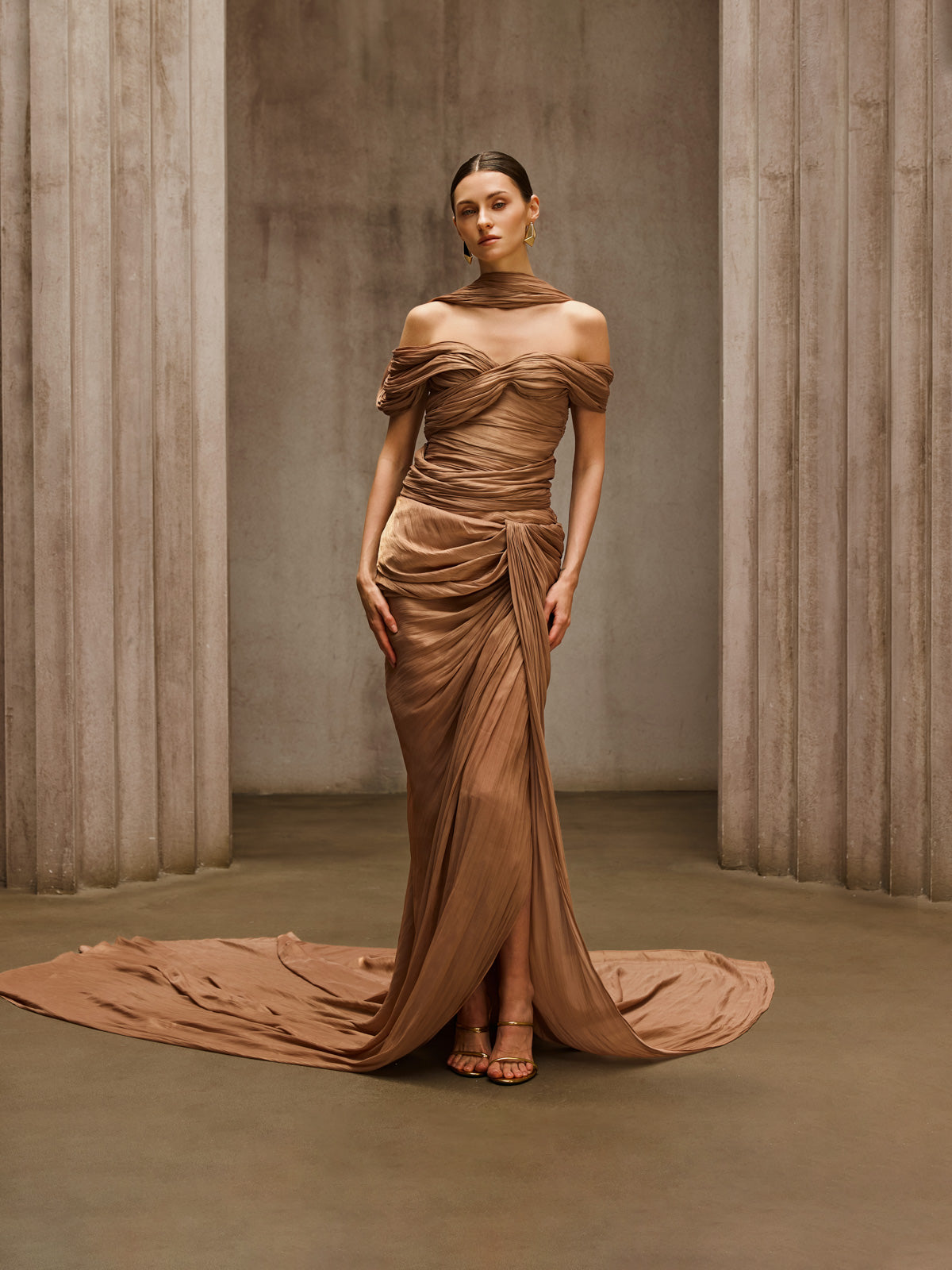 Rosstef Off Shoulder Draped Maxi Dress Khaki