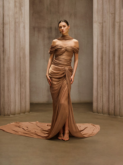 Rosstef Off Shoulder Draped Maxi Dress Khaki