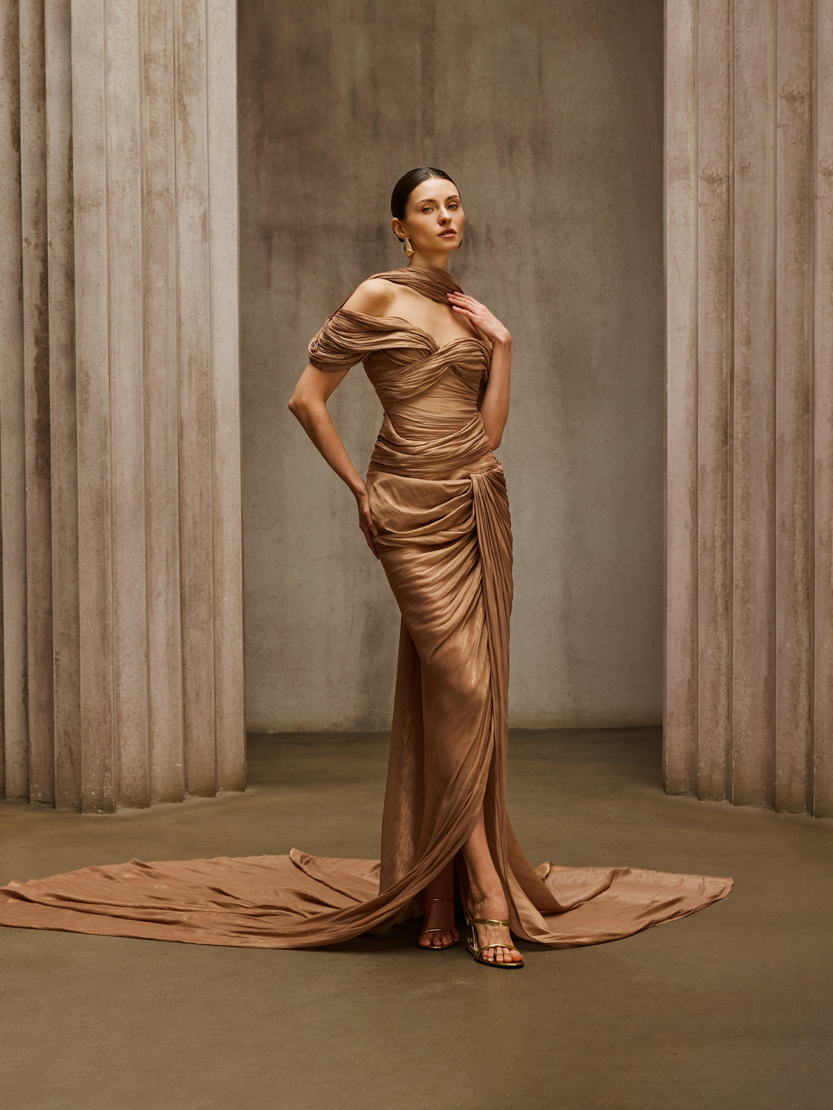 Rosstef Off Shoulder Draped Maxi Dress Khaki