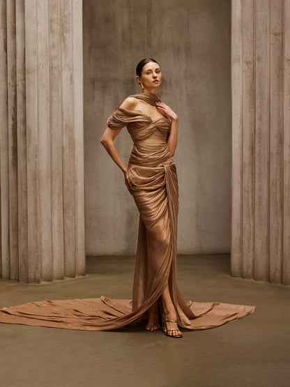 Rosstef Off Shoulder Draped Maxi Dress Khaki