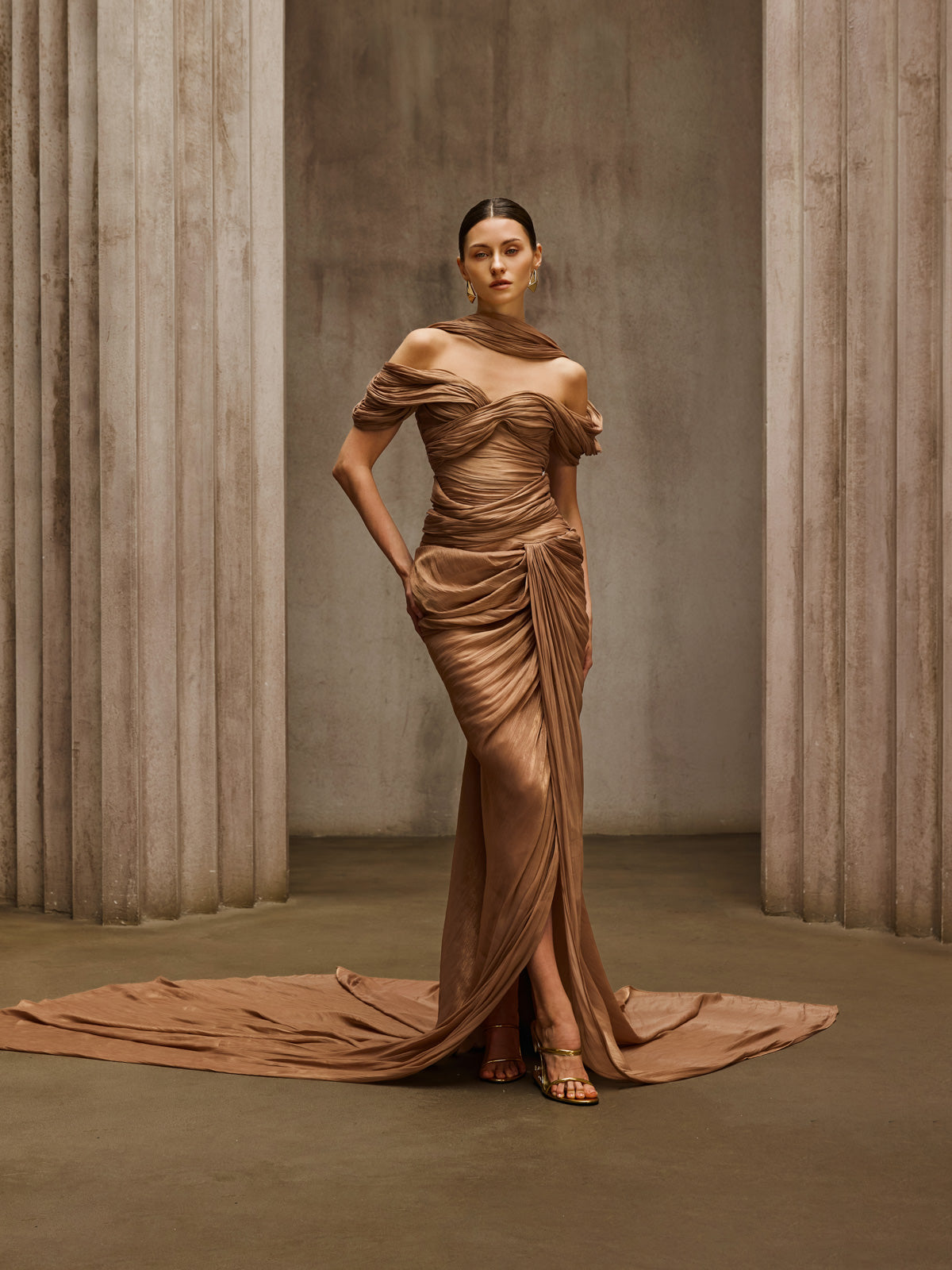 Rosstef Off Shoulder Draped Maxi Dress Khaki