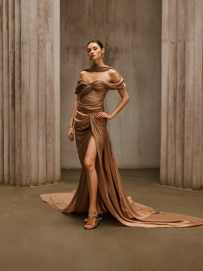 Rosstef Off Shoulder Draped Maxi Dress Khaki