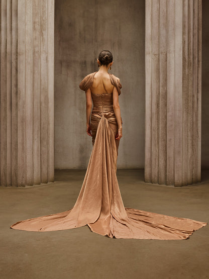 Rosstef Off Shoulder Draped Maxi Dress Khaki