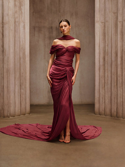 Drexen Off Shoulder Draped Maxi Dress In Wine