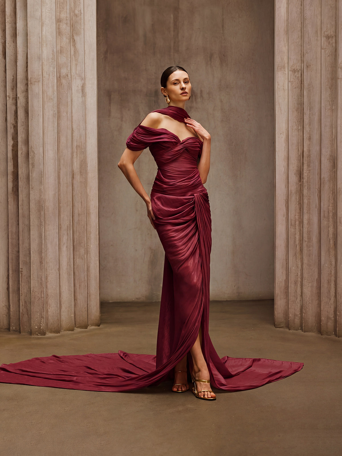 Drexen Off Shoulder Draped Maxi Dress In Wine