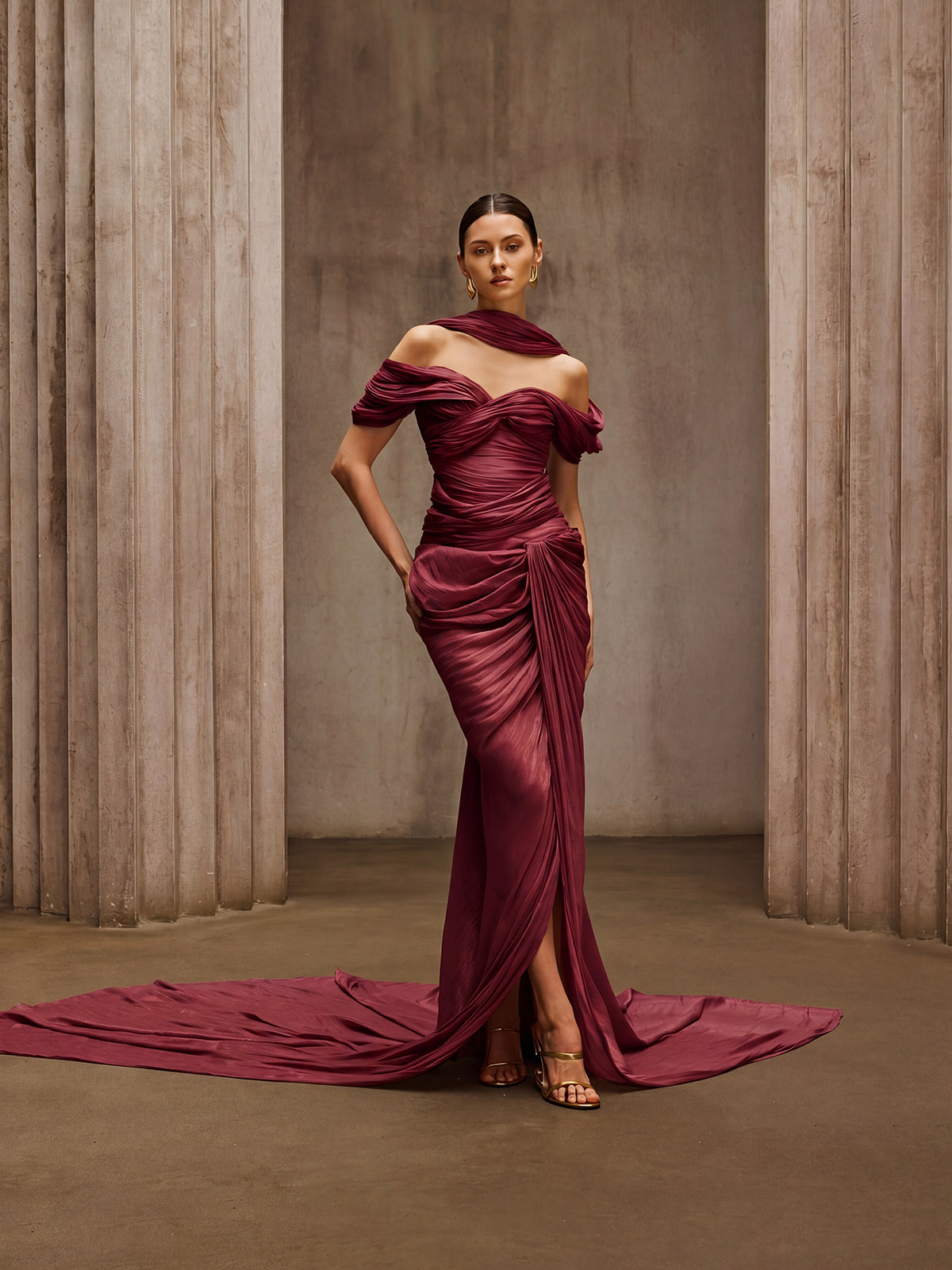 Drexen Off Shoulder Draped Maxi Dress In Wine