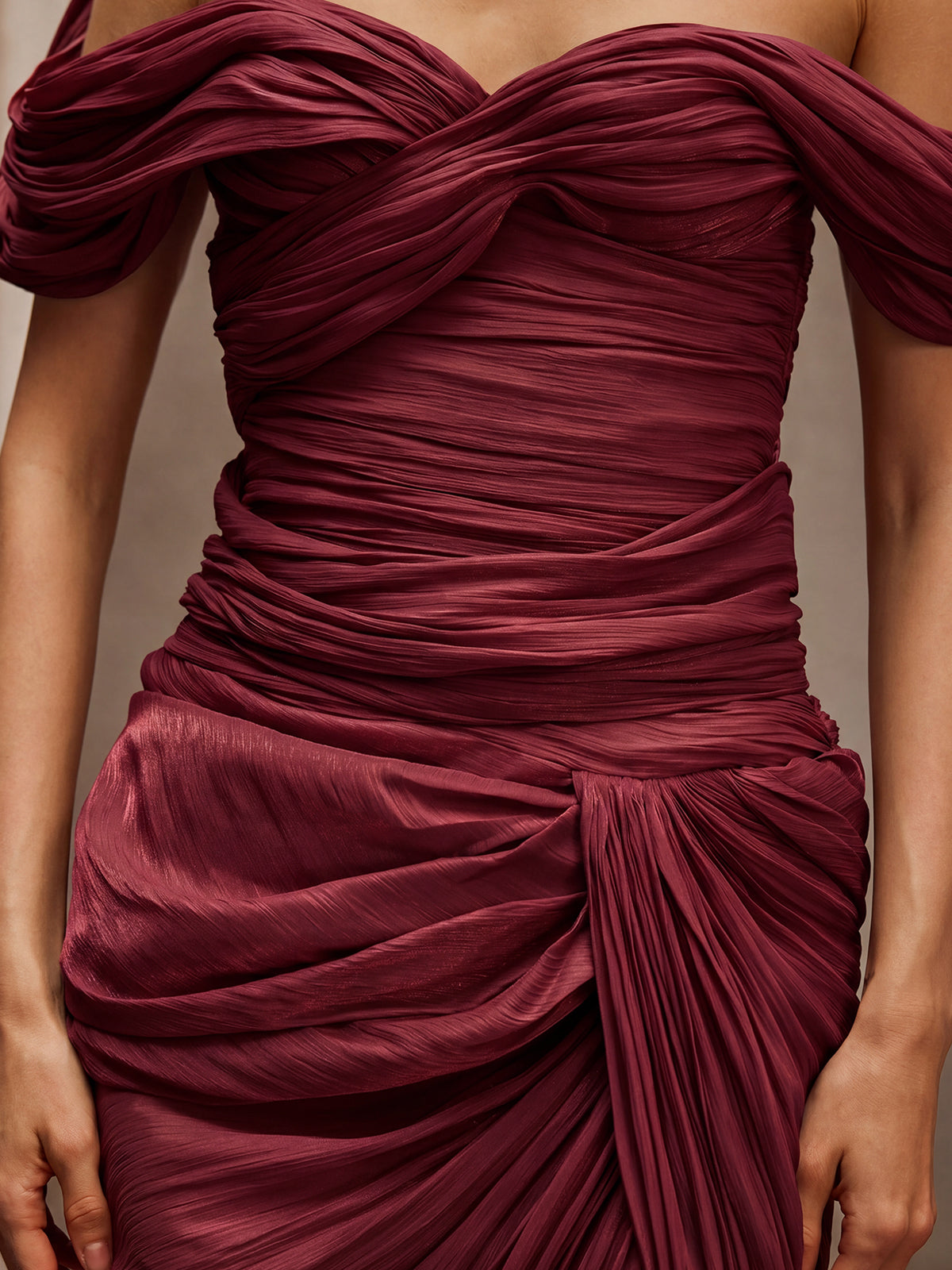 Drexen Off Shoulder Draped Maxi Dress In Wine