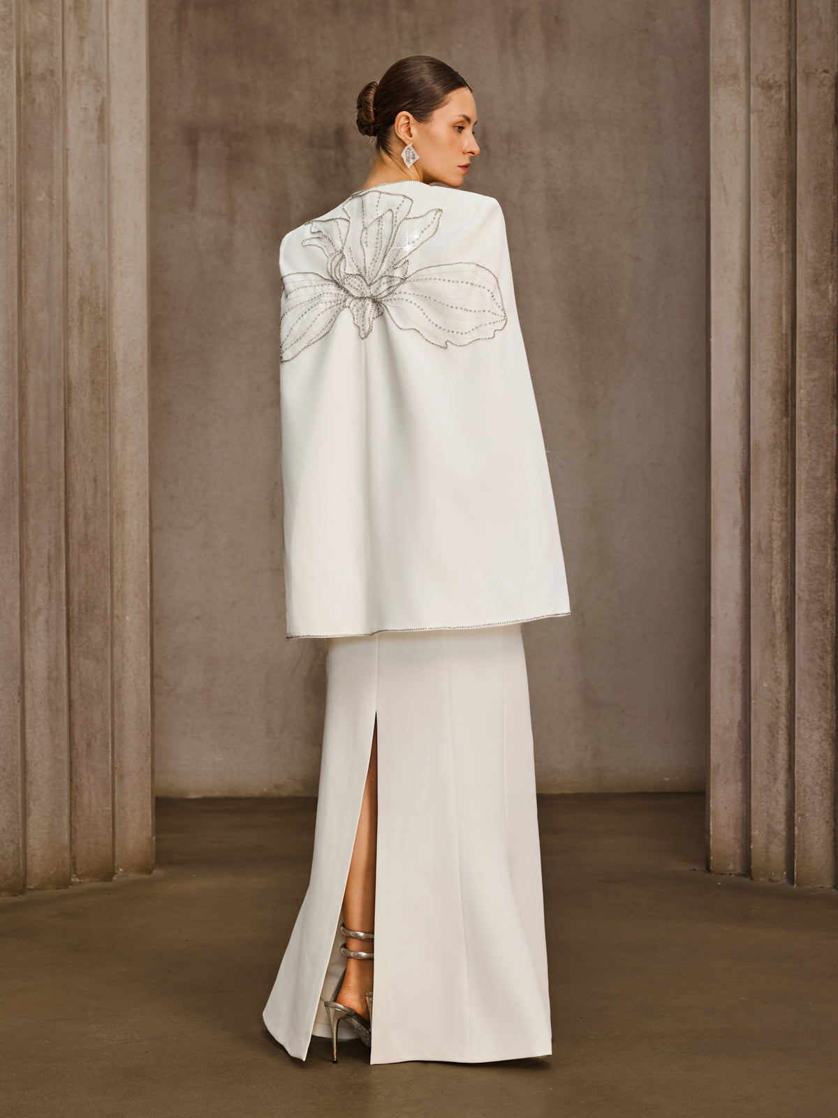 Drexor Strapless Cape Rhinestone Maxi Dress