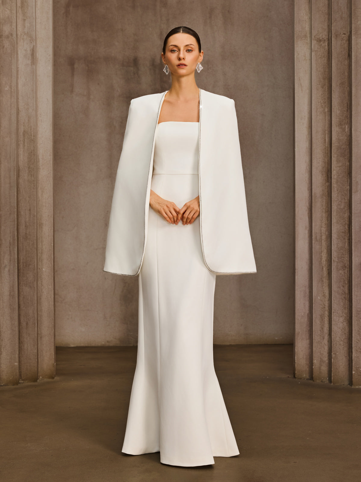 Drexor Strapless Cape Rhinestone Maxi Dress