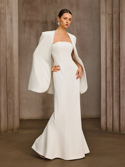 Drexor Strapless Cape Rhinestone Maxi Dress