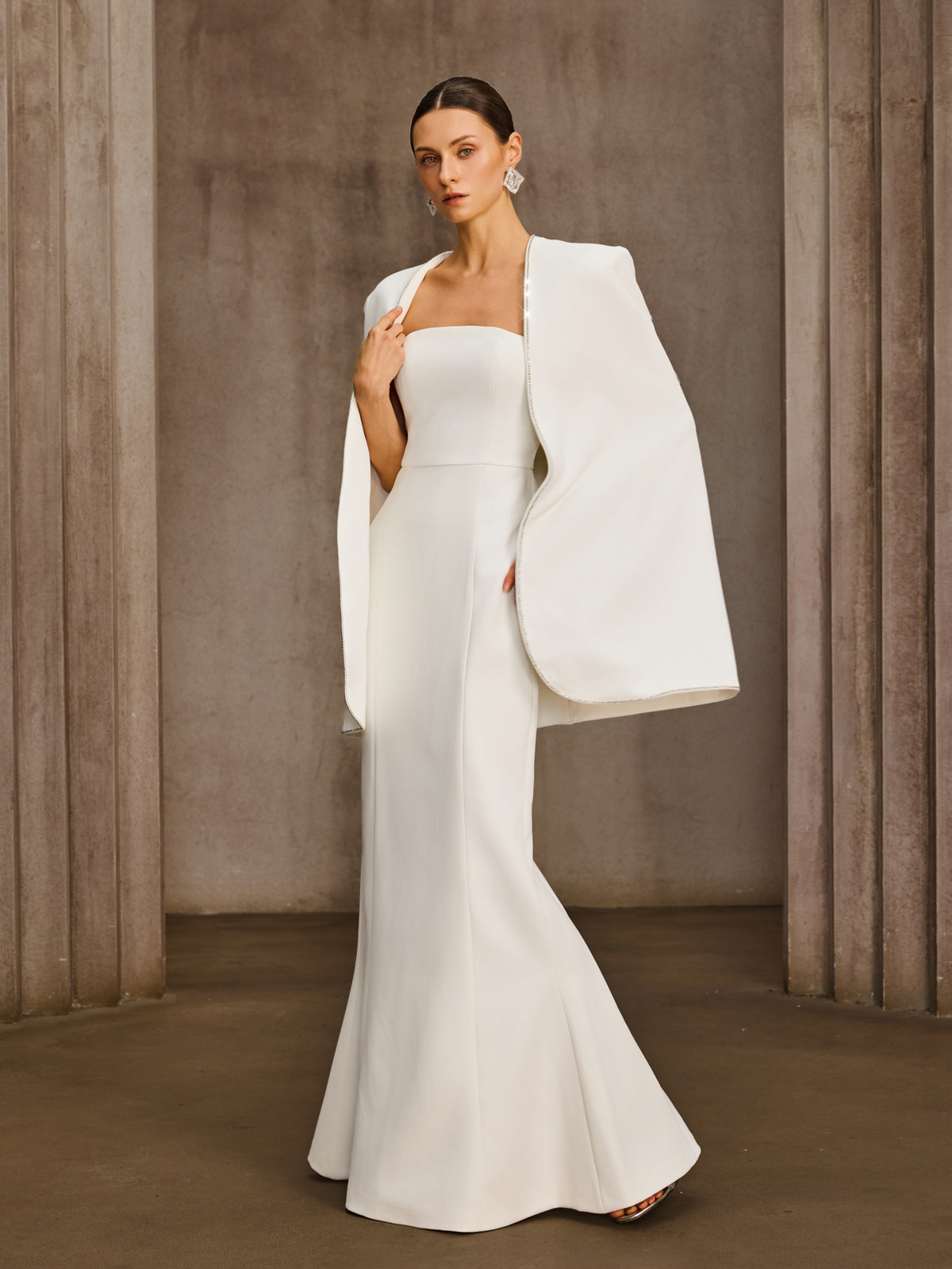 Drexor Strapless Cape Rhinestone Maxi Dress