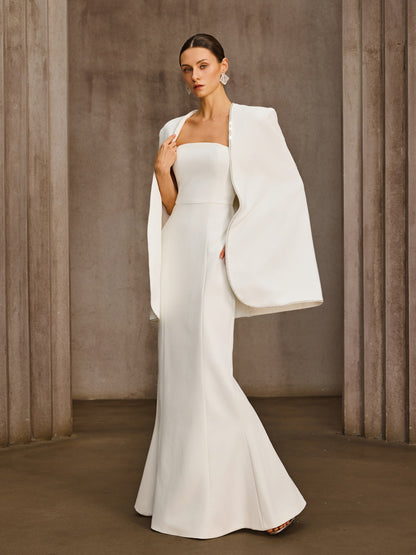 Drexor Strapless Cape Rhinestone Maxi Dress