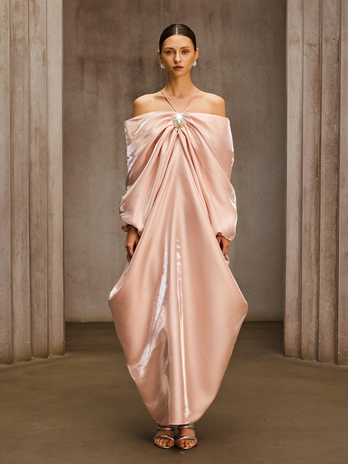 Drika Off Shoulder Ruched Crystal Maxi Dress
