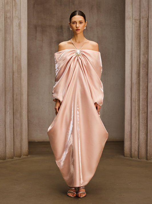 Rosstef Off Shoulder Ruched Crystal Maxi Dress