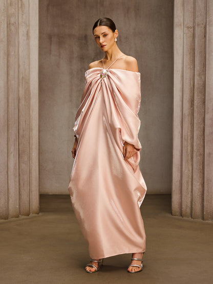 Drika Off Shoulder Ruched Crystal Maxi Dress