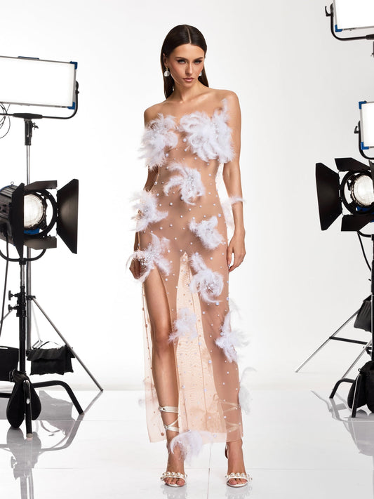 Rosstef Droven Strapless Feather Mesh Maxi Dress