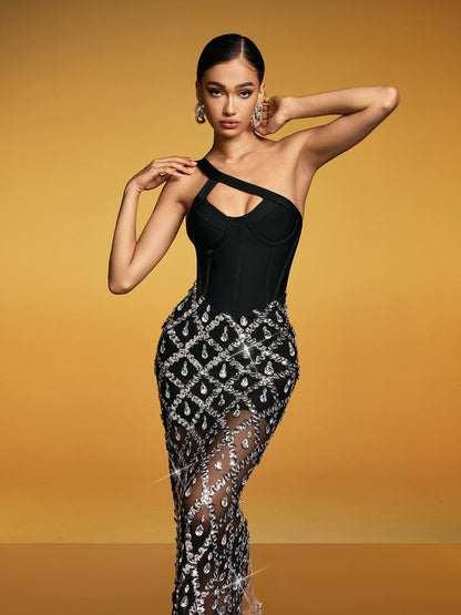 Dualyne Sequin Crystal Split Bandage Maxi Dress
