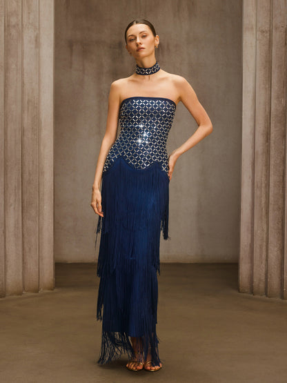 Rosstef Rhinestone Fringe Maxi Dress