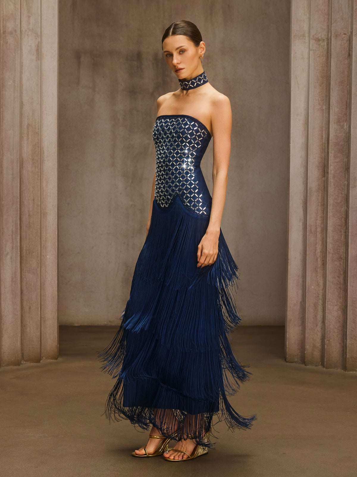 Rosstef Rhinestone Fringe Maxi Dress