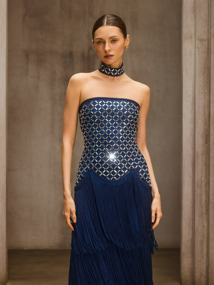 Rosstef Rhinestone Fringe Maxi Dress
