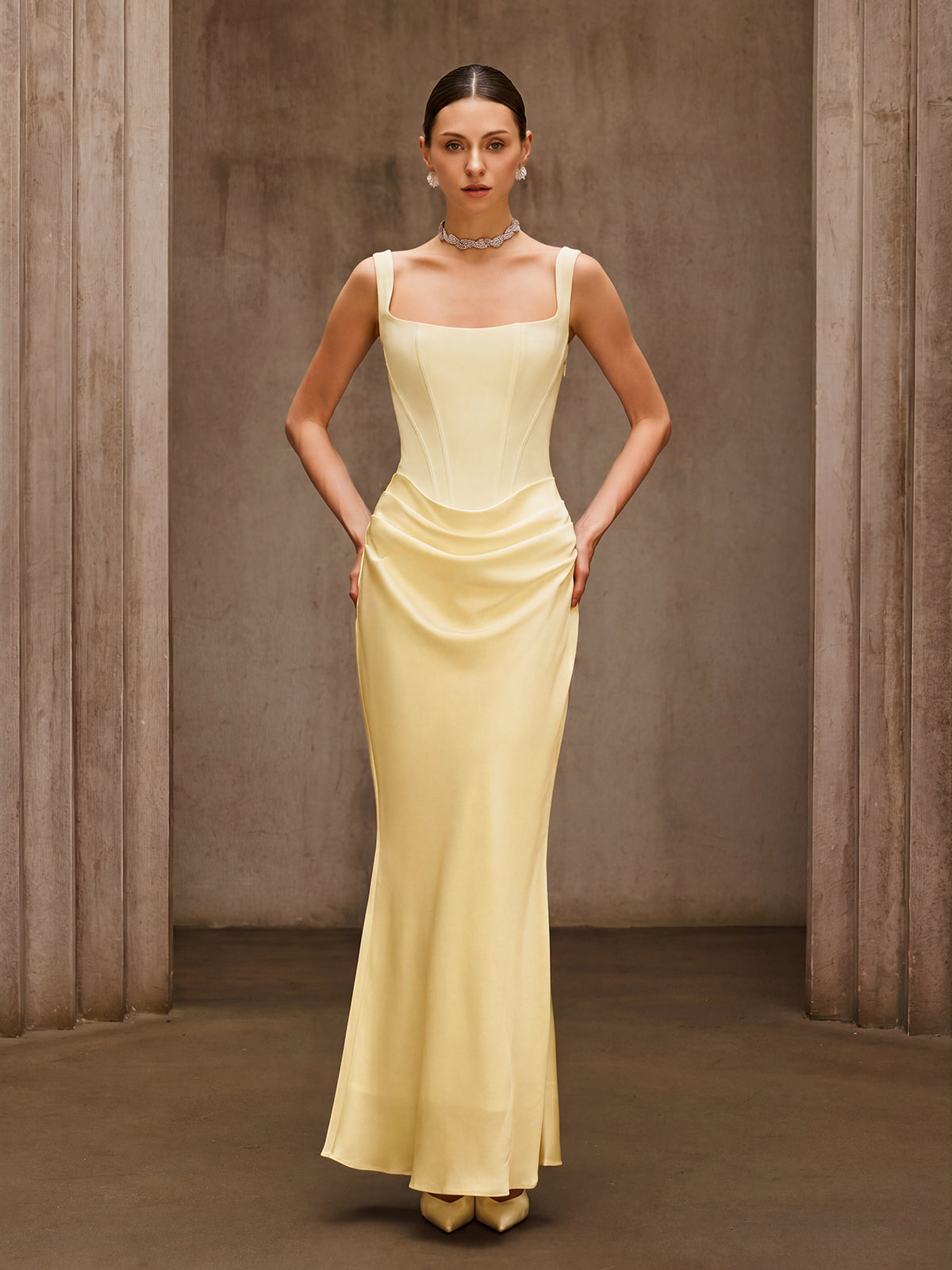 Duyen Sleeveless Corset Maxi Dress In Beige