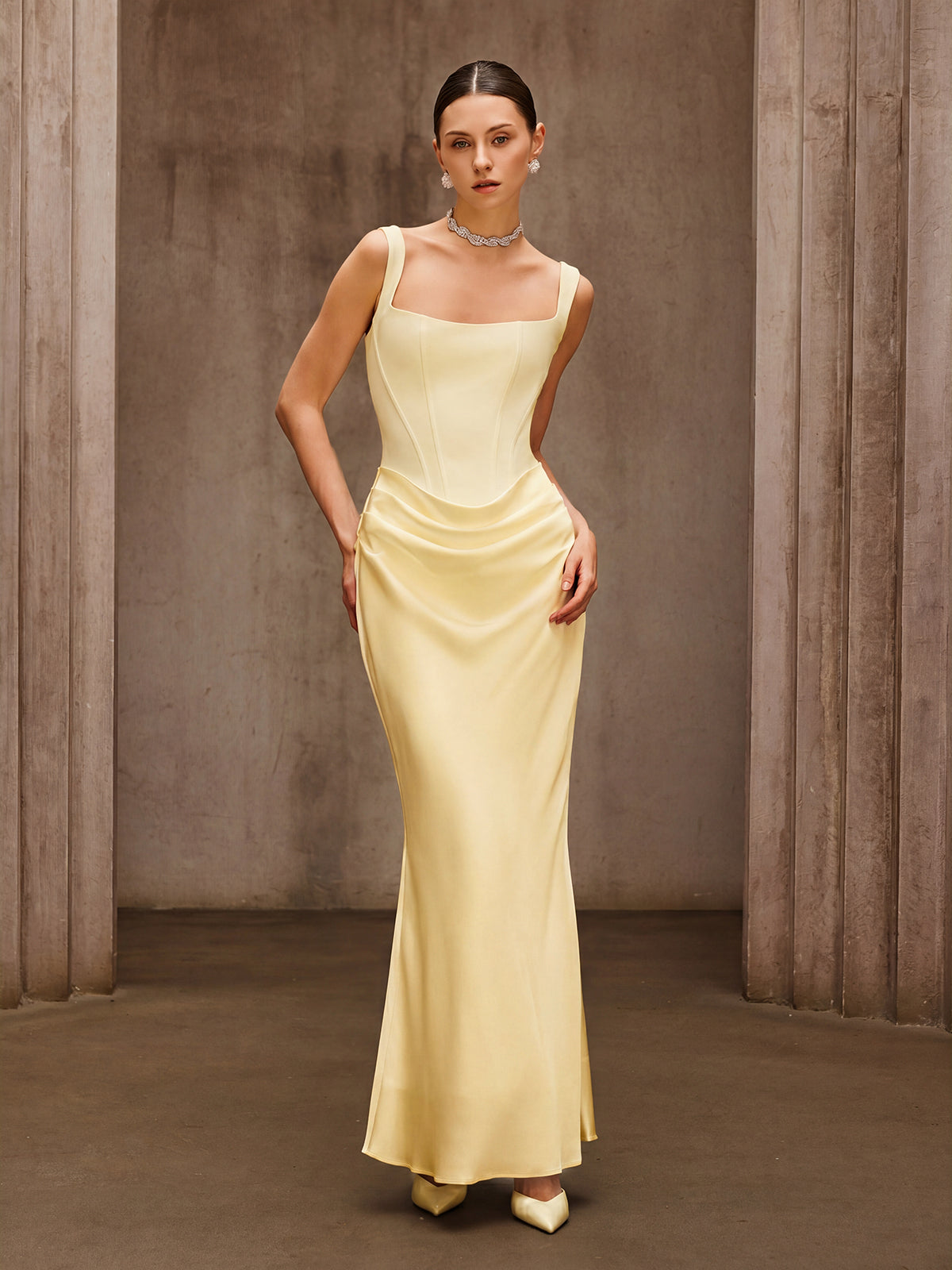 Duyen Sleeveless Corset Maxi Dress In Beige