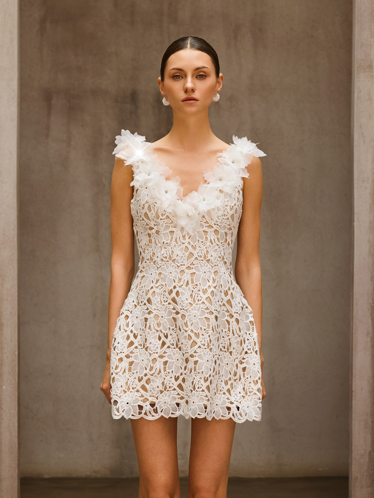 Rosstef V Neck Flower Embroidered Mini Dress