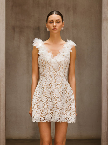 Rosstef V Neck Flower Embroidered Mini Dress