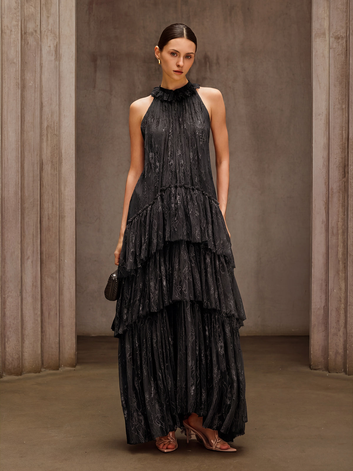 Dyan Halterneck Tulle Maxi Dress In Black