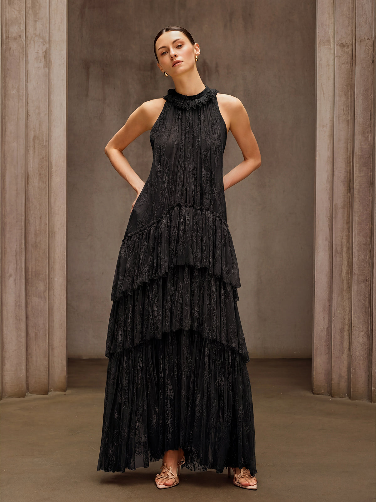 Dyan Halterneck Tulle Maxi Dress In Black