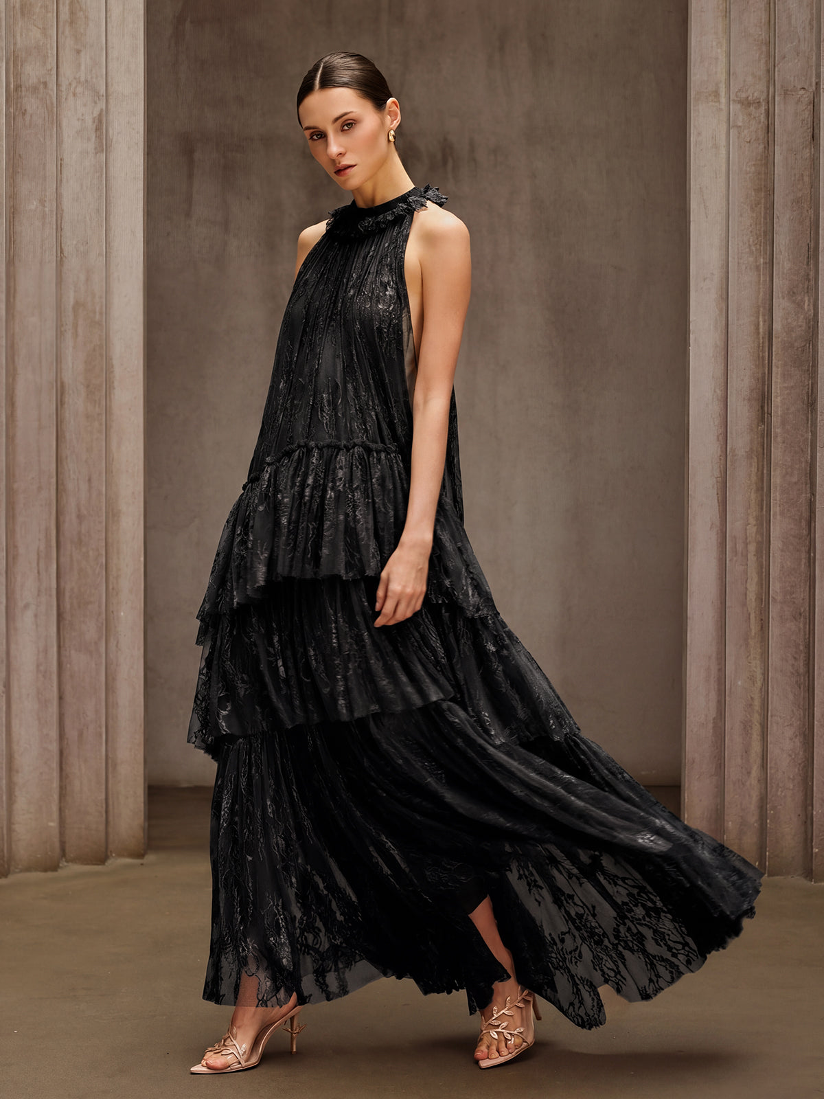 Dyan Halterneck Tulle Maxi Dress In Black
