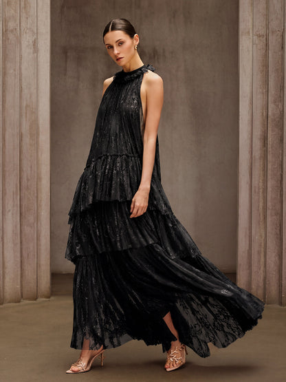 Dyan Halterneck Tulle Maxi Dress In Black