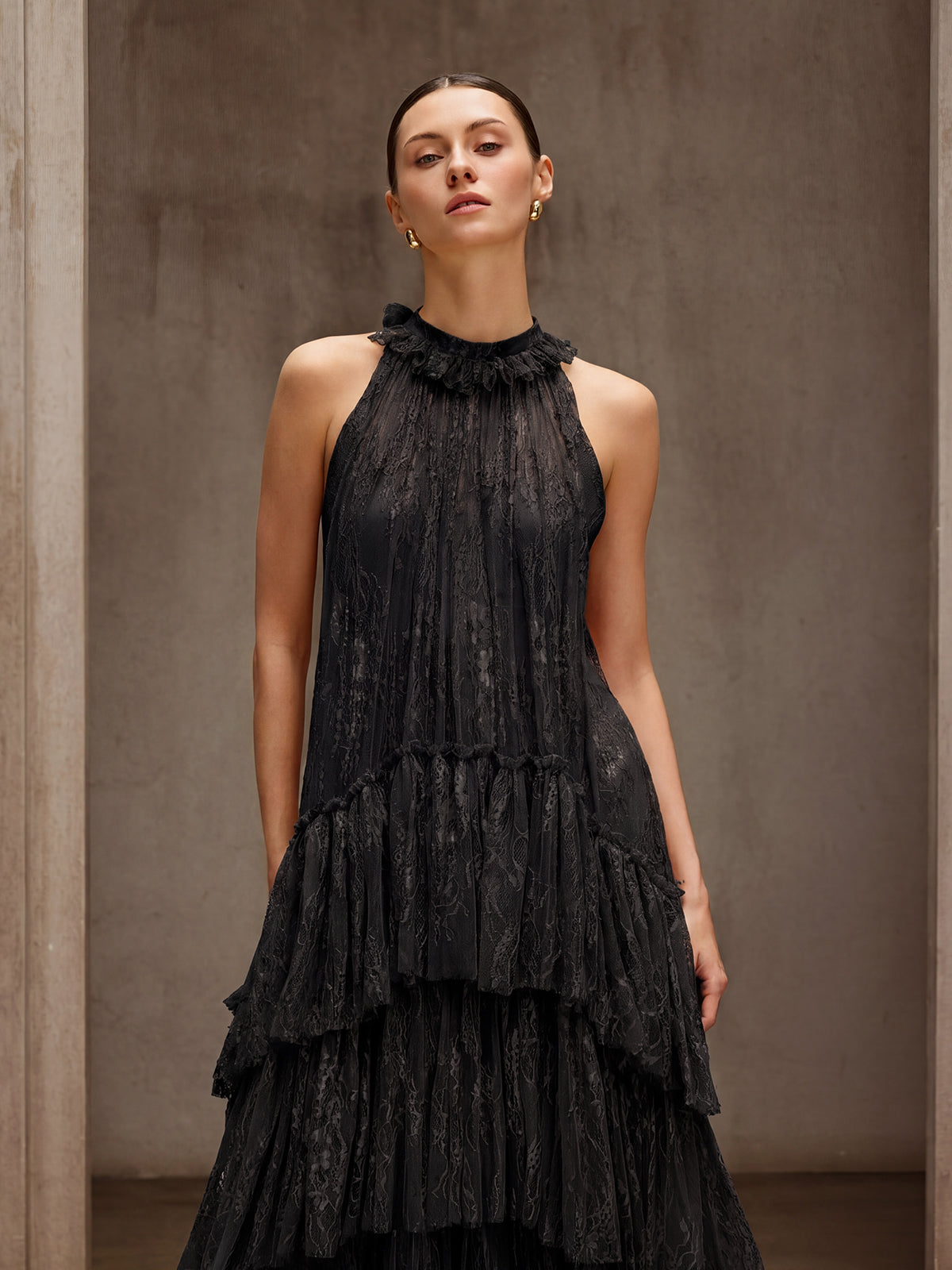 Dyan Halterneck Tulle Maxi Dress In Black