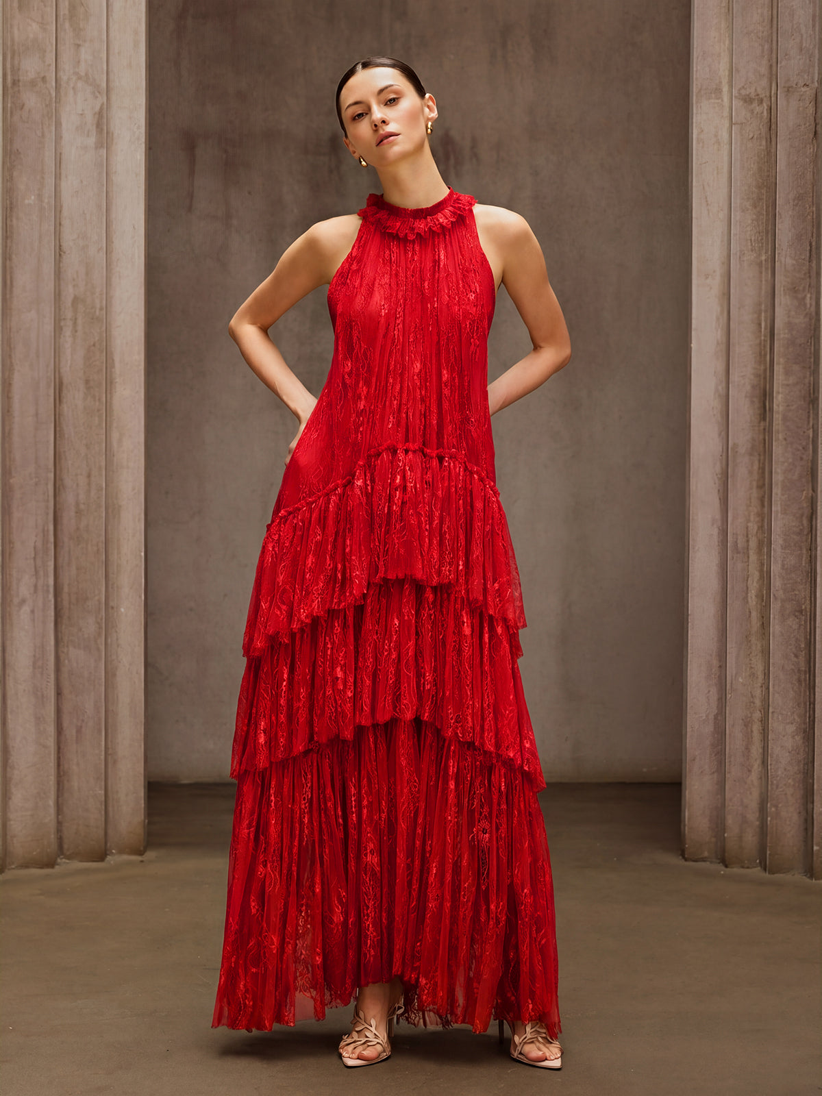 Dyan Halterneck Tulle Maxi Dress In Red