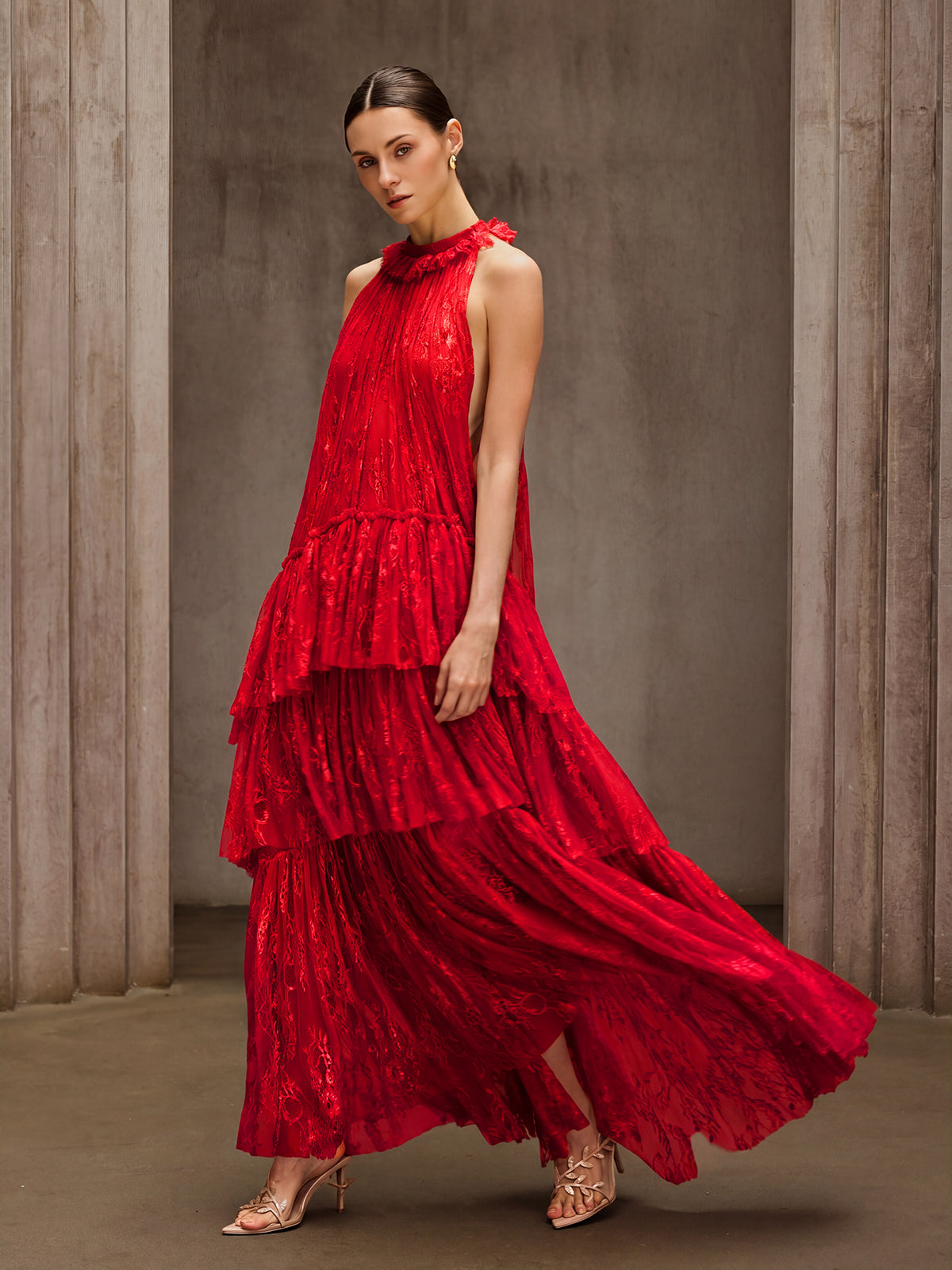 Dyan Halterneck Tulle Maxi Dress In Red